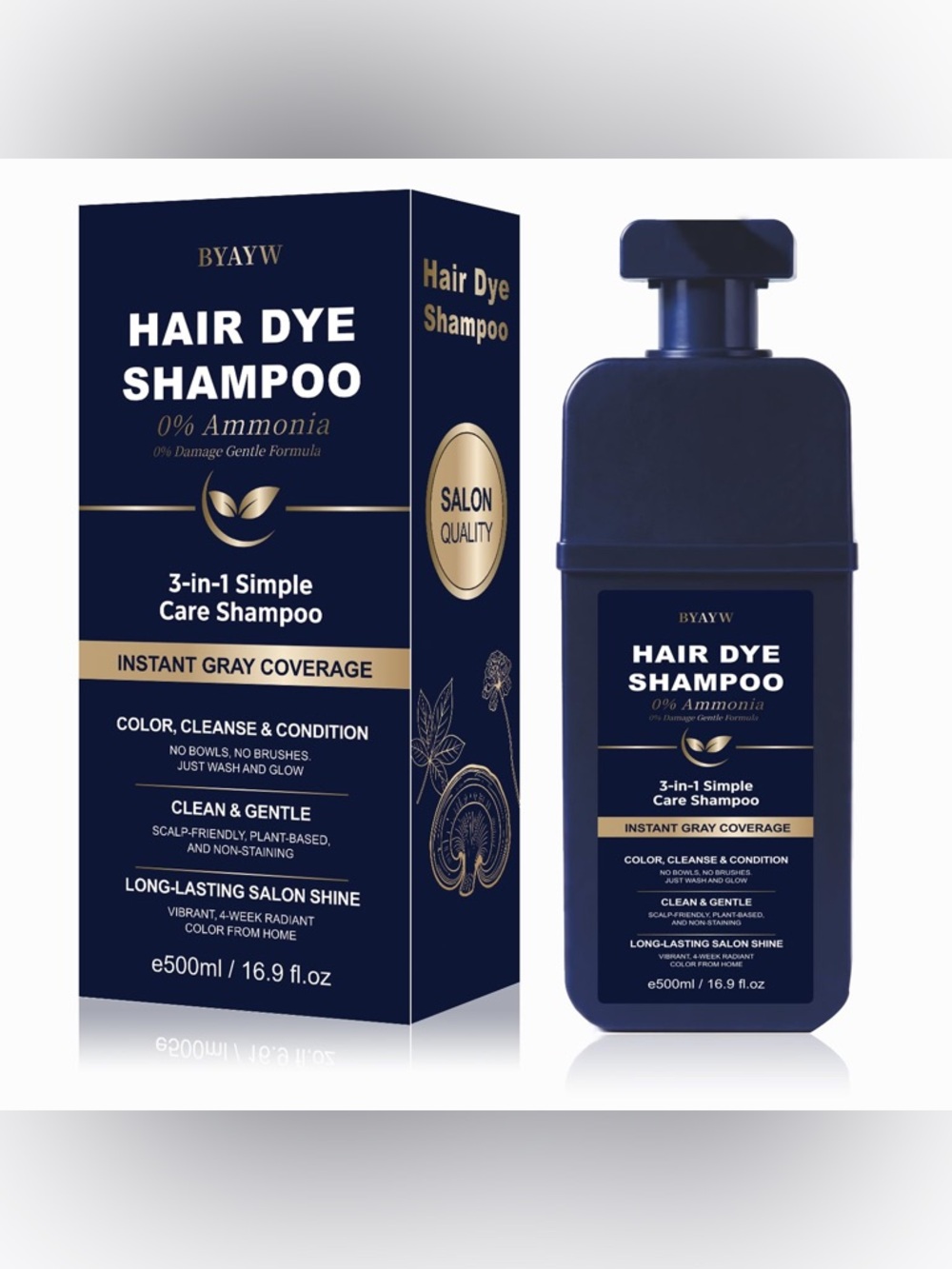 NWT Black Hair Dye Shampoo Men Women Gray Coverage 3-in-1 Ammonia/Parabens Free